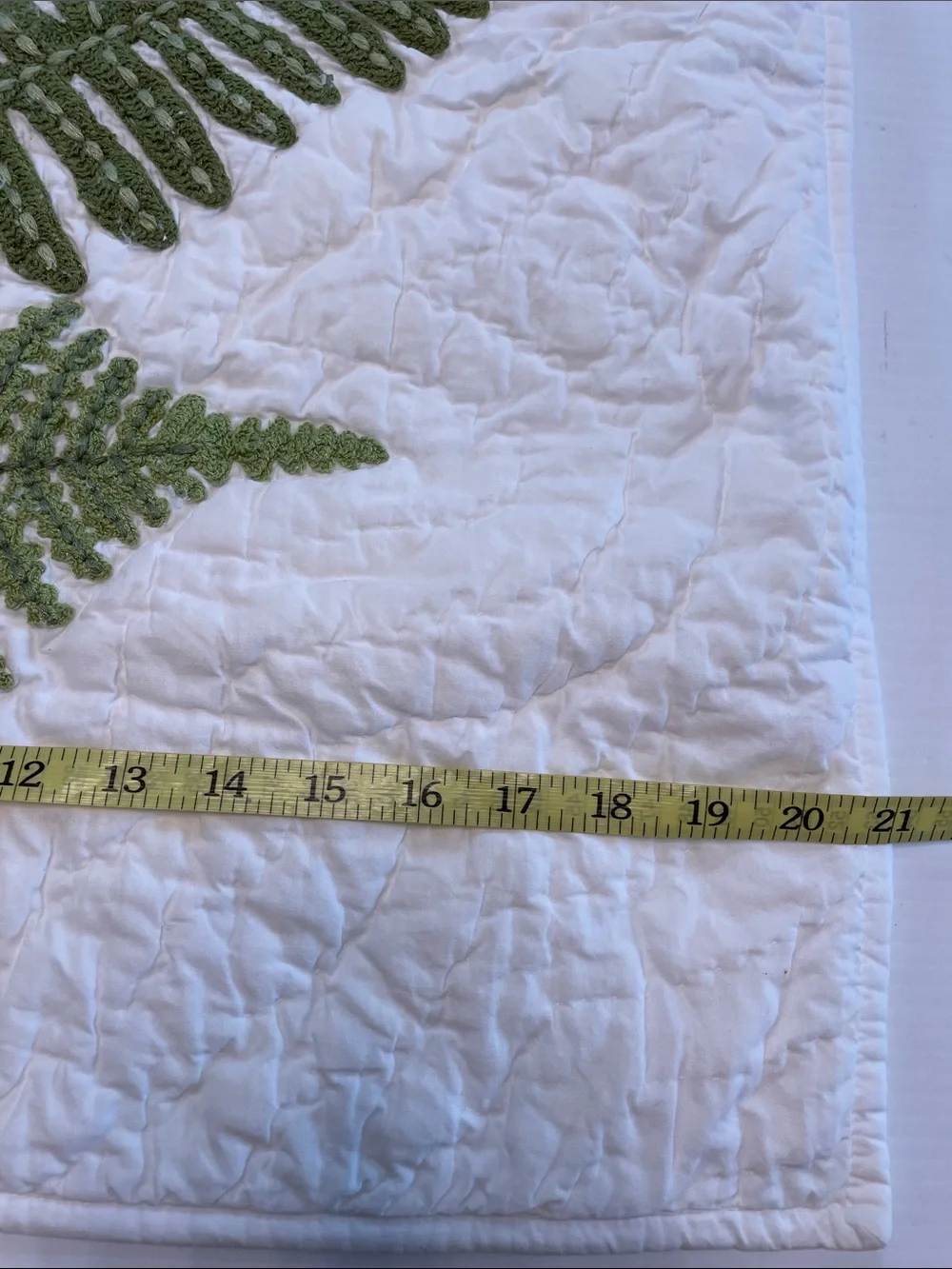 Pottery Barn Quilted Pillow Case 21” x 26” White Green Fern Embroidered Botanic